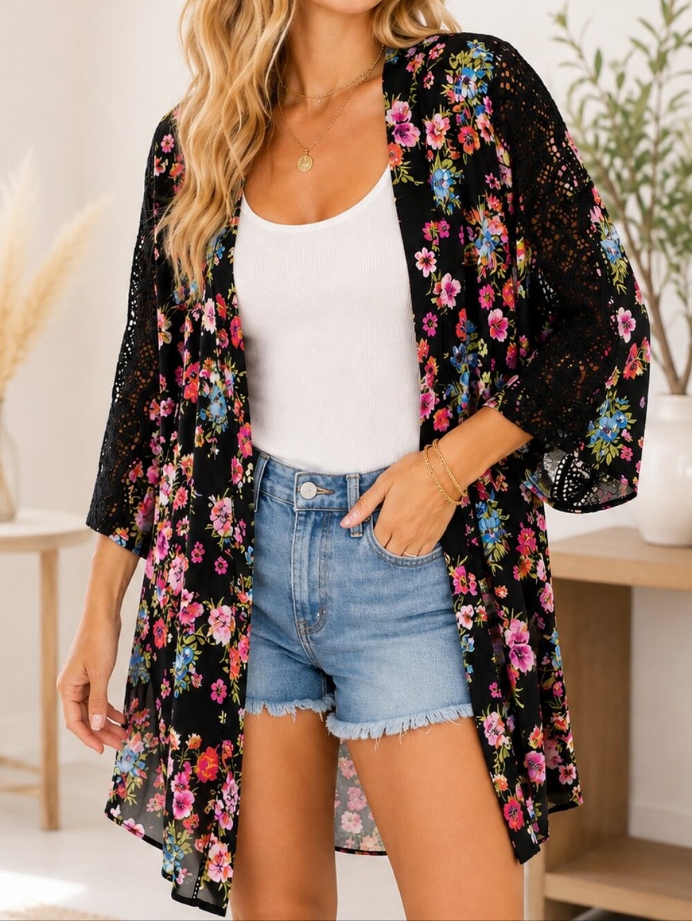 Black Floral Open-Front Kimono Cardigan  OS Crochet Lace Sleeves Whimsigoth Dark